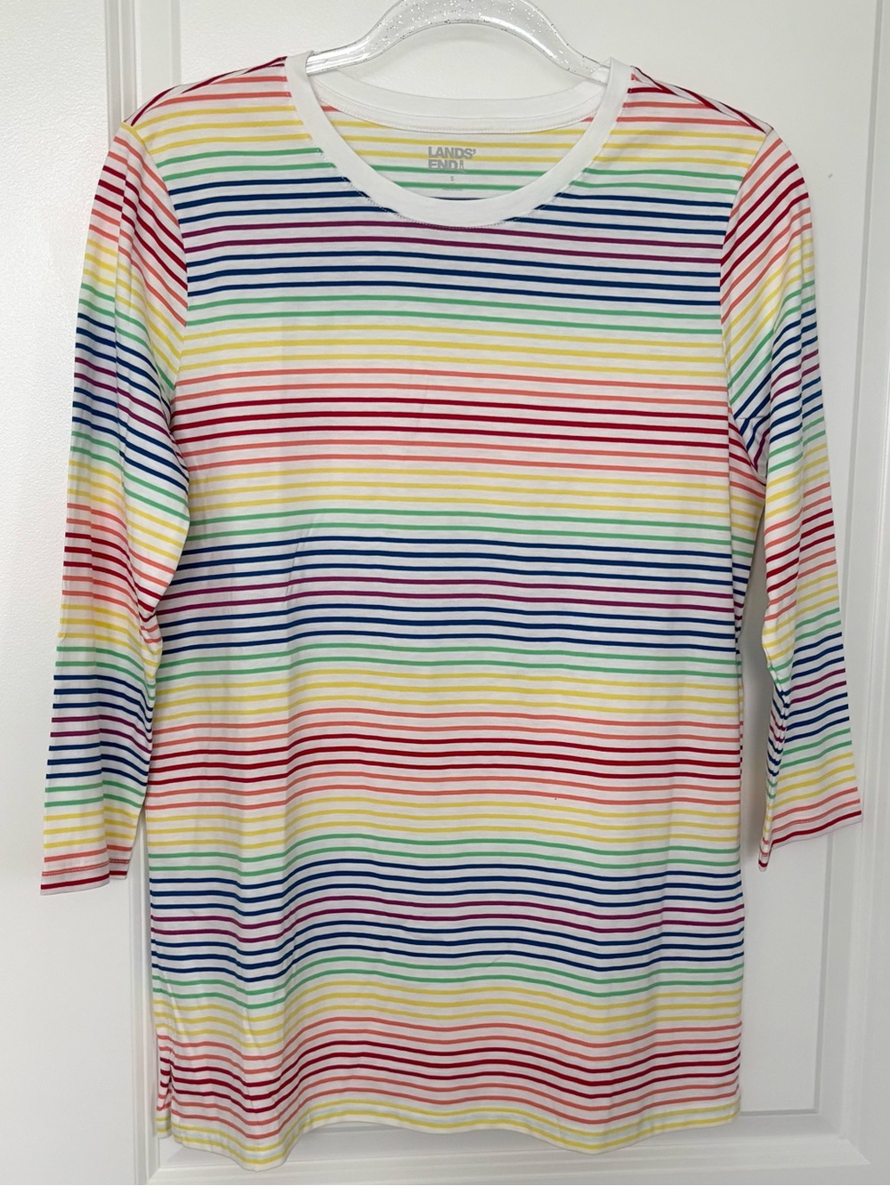 Lands’ End Women’s S Rainbow Stripe Cotton Tunic 3/4 Sleeve Relaxed Fit
